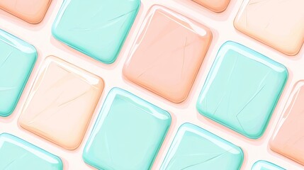 Glossy pastel square shapes in mint green and peach tones, arranged in a seamless grid with soft highlights and abstract texture. AI generative.
