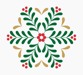 Christmas mistletoe ornament snowflake shape. Christmas holly star decoration. Vector illustration.