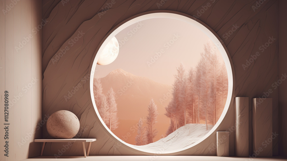 Aufkleber Interior with circular architecture form in 3D style. Abstract room with arc element and trees.