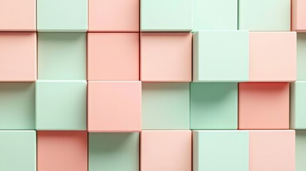 Abstract arrangement of pastel pink and mint green 3D cubes, forming a geometric pattern with soft lighting and clean symmetry. AI generative.