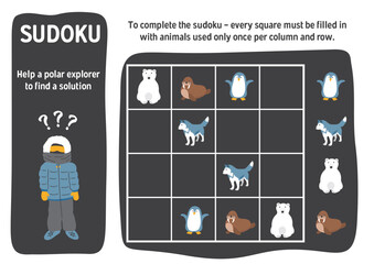 Sudoku game for kids with cute cartoon arctic polar animals. Educational Logic activities game for children. Vector illustration.