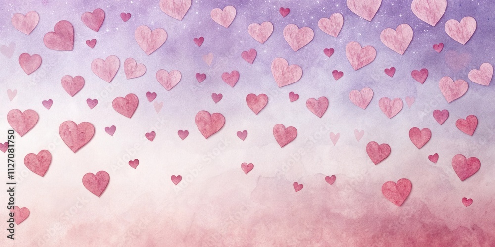 Aufkleber A delicate watercolor backdrop with a soft pink gradient adorned with falling hearts of various sizes, creating a romantic and whimsical atmosphere.