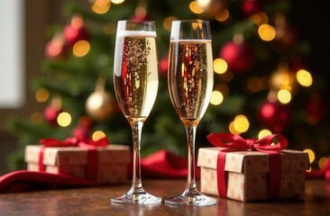Two champagne glasses are on a table by a Christmas tree