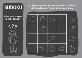 Sudoku game for kids with cute cartoon arctic polar animals. Educational Logic activities game for children. Vector illustration.