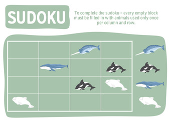 Sudoku game for kids with cute cartoon arctic polar sea animals. Educational Logic activities game for children. Vector illustration.