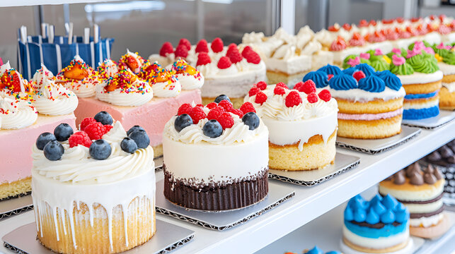 A variety of delicious cakes on display in a bakery. A display case full of cakes and pastries