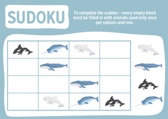 Sudoku game for kids with cute cartoon arctic polar sea animals. Educational Logic activities game for children. Vector illustration.