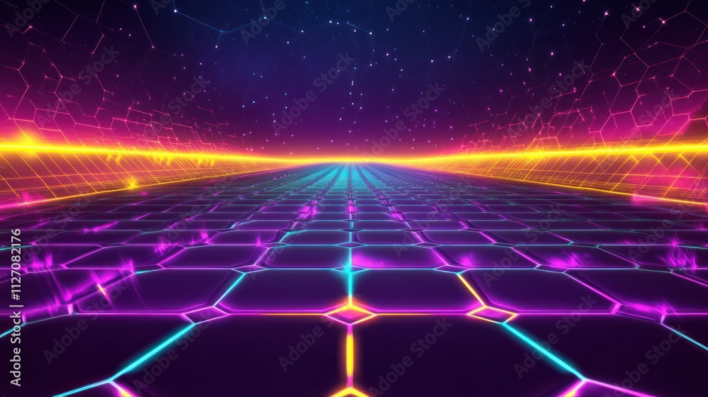 Poster a neon-themed dynamic gaming background filled with glowing lines and digital network grid patterns 