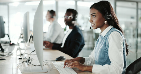 Call center, communication and contact us with Indian woman in support office for customer service....