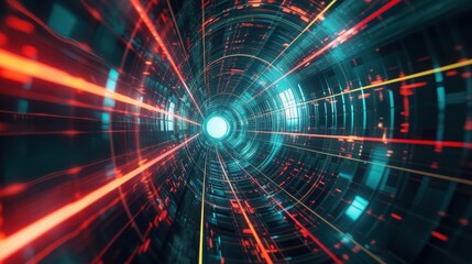 Abstract digital tunnel with vibrant light streaks
