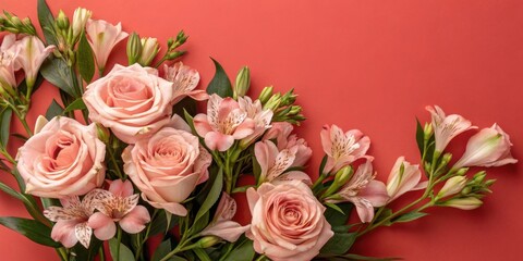 A delicate arrangement of blush pink roses and alstroemeria blooms, elegantly arranged on a vibrant coral background.