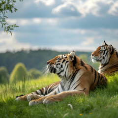 Fototapeta premium amur tigers on a grasses in summer day