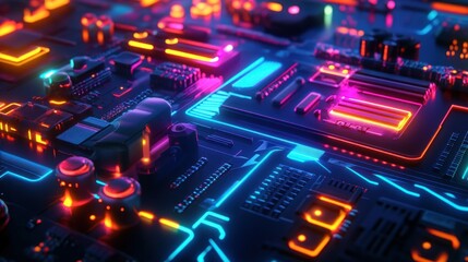 Fototapeta premium Futuristic glowing line neon light motherboard machine game theme background wallpaper AI generated image