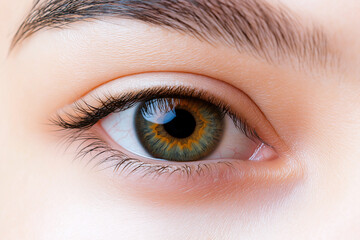 Obraz premium Close up of human eye showcasing vibrant rainbow colored iris with intricate details. eye reflects light beautifully, highlighting its unique patterns and textures