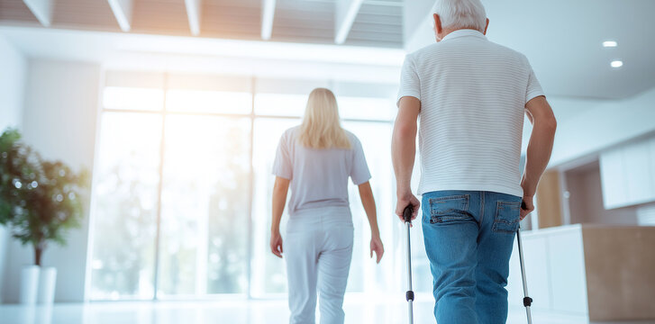 Stylish senior man with crutches walking in bright modern space, accompanied by woman. scene conveys sense of support and companionship