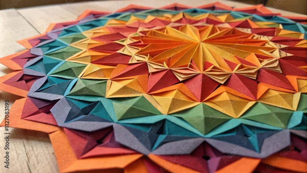 Aufkleber A detailed, multi-colored geometric paper mandala with a mesmerizing pattern of intricate folds and overlapping triangles.