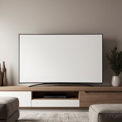 Fototapeta premium Curved TV mockup displayed in a minimalist living room with a low-profile sofa, neutral tones, and a sleek entertainment unit under soft lighting.