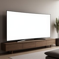 A professional curved TV mockup with a blank screen, highlighting its thin profile and elegant design in a clean, minimalist living room setting.