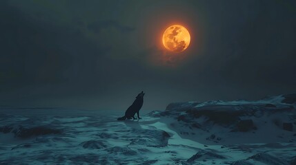 Fototapeta premium A solitary wolf howling under a luminous full moon.