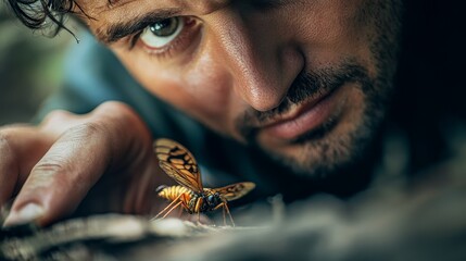 Man Reaches Slowly Towards Butterfly with Intense Focus in Natural Setting