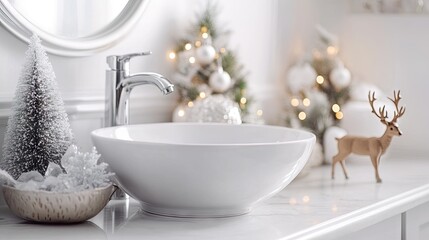 A cozy bathroom showcases winter decorations with small evergreen trees and a decorative reindeer on a tray beside a sleek sink, creating a festive atmosphere during the holidays