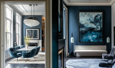 Dark-blue room, plush furniture, abstract art, elegant lighting.