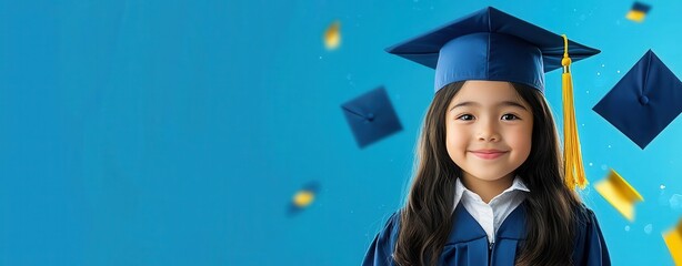 Kindergarten graduation concept. A joyful young girl wearing a graduation cap, celebrating her achievements with a bright smile.