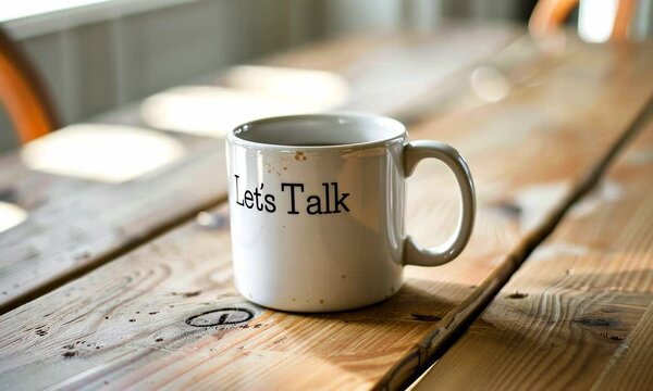 White coffee mug with "Let's Talk" on wooden table