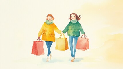 Fototapeta premium Watercolor Illustration of Two Friends Joyfully Enjoying Shopping Together with Colorful Bags