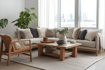 Fototapeta premium Clean, airy Scandinavian living room with a soft color palette, natural wood furniture, and cozy layered textiles