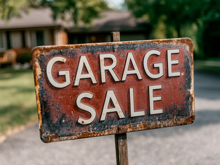 Rusty Metal Garage Sale Sign with House Background