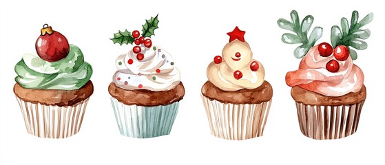 Delicious festive cupcakes decorated with seasonal icing and toppings, perfect for holiday celebrations.
