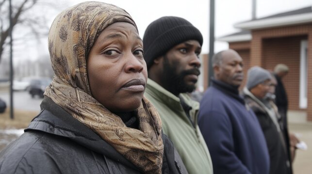 Line of people outside unemployment office, reflecting the challenges and resilience of individuals facing economic hardship, community solidarity in uncertain times.