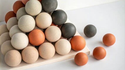 A pyramid of spherical objects arranged in a geometric pattern, displaying a range of earthy tones and a dark grey hue