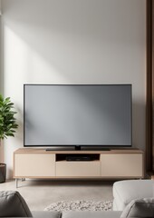 Modern curved TV mockup with a sleek blank screen, surrounded by minimalist decor, neutral tones, and soft studio reflections.