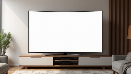 Curved TV mockup highlighting its sleek blank screen and elegant curvature, displayed in a minimalist living room with soft lighting.
