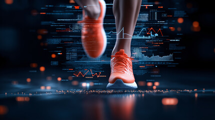 runner in motion with data visualization, showcasing athleticism and technology. vibrant orange shoes contrast against digital backdrop, emphasizing speed and performance