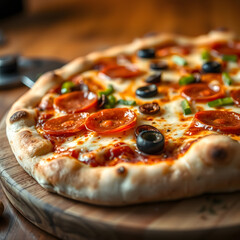 Freshly Baked Pizza with Pepperoni, Olives, and Bell Peppers - Delicious and Appetizing
