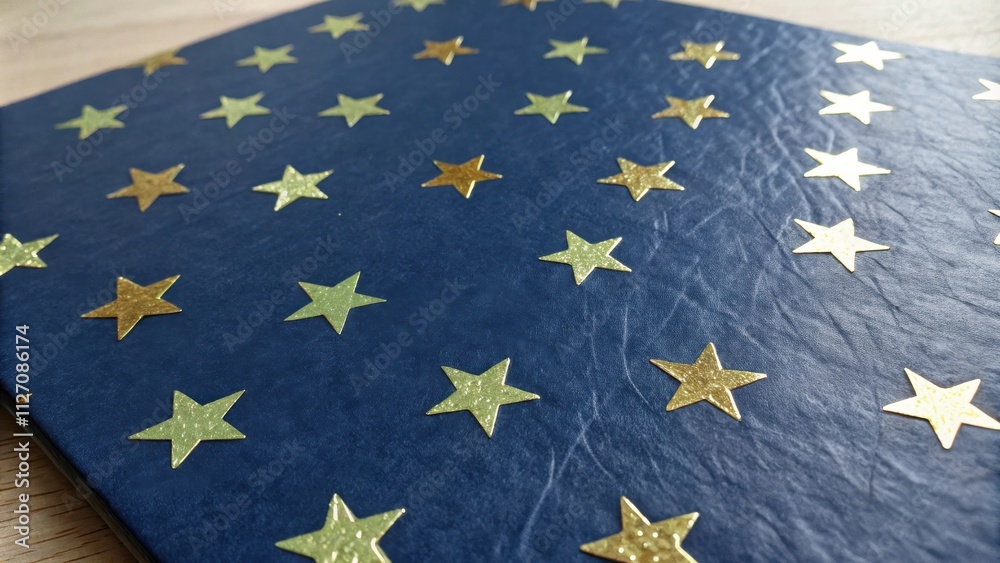 Aufkleber A close-up view of a textured blue surface adorned with a repeating pattern of gold and green glitter stars.