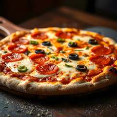 Freshly Baked Pizza with Pepperoni, Olives, and Bell Peppers - Delicious and Appetizing
