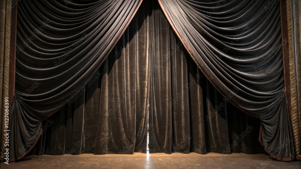 Poster A Pair of Dark Velvet Curtains Draped Open With a Glimpse of Light Streaming Through the Center