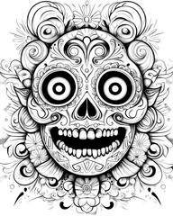 A skull with a smile on it. The skull is decorated with flowers and has a very happy expression