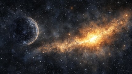 Obraz premium Dark planet, glowing nebula, cosmic dust, scattered stars.