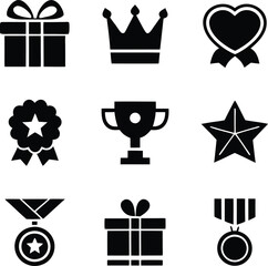 Awards, Gifts, Trophies, and Recognition Icons Set in Black