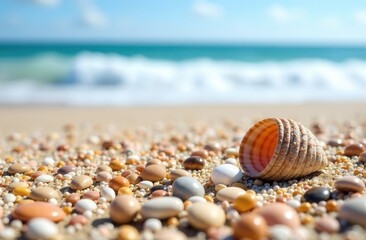 A beautiful sea shell is resting atop a large pile of rocks on a sandy beach
