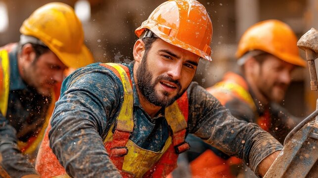 A scene depicting a group of workmen wearing colorful overalls and hard hats, busy working together in unison while surrounded by various construction equipment and tools