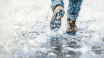 Watercolor Artwork of a Person Walking Through a Puddle, Splashing Water in Soft Colors