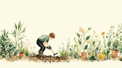 Gentle Watercolor Illustration of a Gardener Digging Soil Surrounded by Beautiful Plants and Flowers