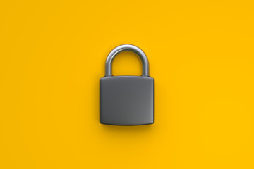 A gray padlock isolated on a vibrant yellow background, symbolizing security, protection, privacy, and data safety concepts. 3D render illustration