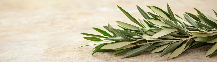 Obraz premium Always loved and remembered. Fresh olive branch with lush green leaves on a textured background.
